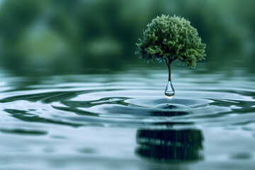 A water drop with tree in it, in the style of light green and dark azure, detailed world-building,
