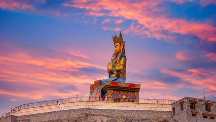 The Maitreya Buddha statue with Himalaya mountains, Diskit Monastery or Diskit Gompa, Diskit...