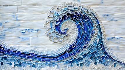 A calming blue wave mosaic on a white ceramic tile background