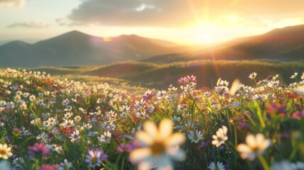 Fototapeta premium Beautiful natural rural field scenery with blooming daisy flower field in meadow in hilly countryside.