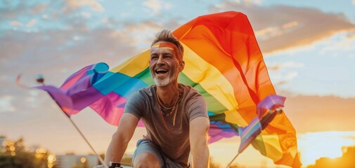 Happy Man Celebrating Pride with Rainbow Flag.