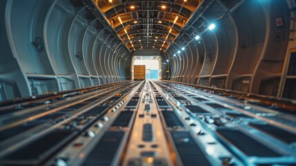 Detailed shot of a cargo hold on a commercial airplane, with containers being methodically loaded for global transport