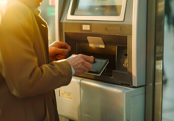 "Man Using ATM Machine for Automatic Savings, Holding Black Wallet