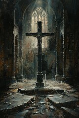 Ancient Cross in Dark Abandoned Cathedral
