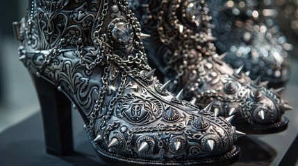 Obraz premium High-definition close-up of high heels on slender legs, emphasizing the sleek design of the shoes and the street's gritty texture