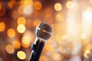 Close up of microphone in concert hall with blurred lights at background. Garland lamps or flashlights in a blurry bokeh.