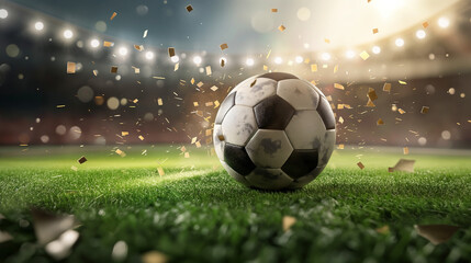 Fototapeta premium Soccer ball on grass field with confetti under stadium lights. Copy space. 