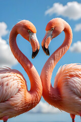 Two flamingos face each other, forming a heart shape, with the sky as the background.