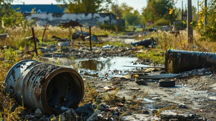 Toxic Dumping Ground: Photograph an illegal dumping site where hazardous waste materials have been discarded indiscriminately, contaminating soil, water, and air with pollutants and toxins. 