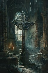 Ancient Cross in Dark Abandoned Cathedral
