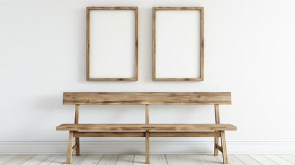Wooden bench with two blank picture frames on white wall. Copy space. Generative AI	