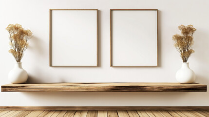 Modern minimalist shelf decor with blank picture frames and vases of dried flowers. Copy space. Generative AI	