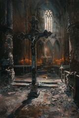 Ancient Cross in Dark Abandoned Cathedral
