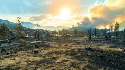 Wildfire Devastation: Capture the aftermath of wildfires that have ravaged forests, grasslands, or residential areas, with scorched landscapes, charred trees, and smoke-filled skies illustrating.