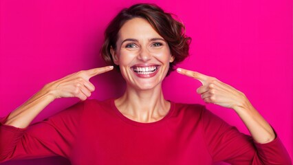 photo of cheerful cheerful young woman smile pointing finger isolated over pink color wall