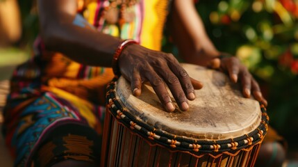 A close-up shot of a person's hands playing a drum, with Juneteenth decorations and symbols in the background.