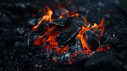 BBQ grill with glowing and flaming hot charcoal briquettes, close-up