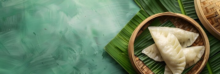 Zongzi steamed rice dumplings on green table background