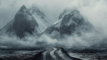 Fototapeta premium Morning mountain landscape with clouds and alpine panorama. Morning mist, breathtaking natural scenery Travel and tourism concept images, refreshing and relaxing nature images 