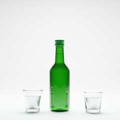 3d render of isolated studio korean soju bottle alcohol beverage and glass for drinking or drunk concept