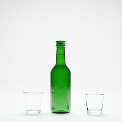 3d render of isolated studio korean soju bottle alcohol beverage and glass for drinking or drunk concept