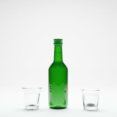 3d render of isolated studio korean soju bottle alcohol beverage and glass for drinking or drunk concept