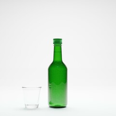 3d render of isolated studio korean soju bottle alcohol beverage and glass for drinking or drunk concept