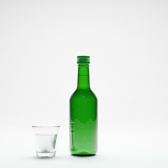 3d render of isolated studio korean soju bottle alcohol beverage and glass for drinking or drunk concept