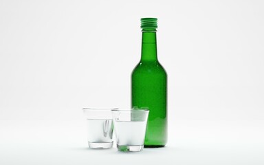 3d render of isolated studio korean soju bottle alcohol beverage and glass for drinking or drunk concept