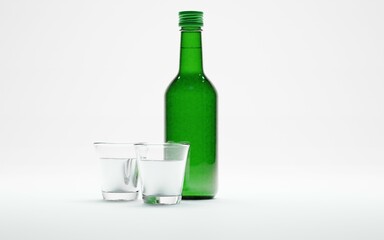 3d render of isolated studio korean soju bottle alcohol beverage and glass for drinking or drunk concept