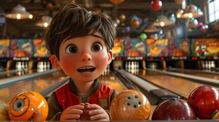 Fototapeta premium a birthday party at a bowling alley with laughter and strikes