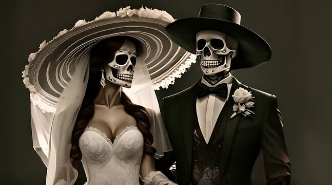 Skeleton Bride and Groom Costume. A man and woman in skeleton bride and groom costumes pose and dance for Halloween celebrations.