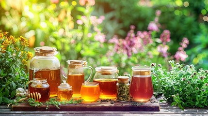 Herbal teas with honey on a wooden table, set against a lush herb garden, create an inviting...