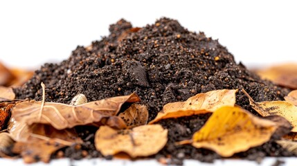 Isolated dirt pile covered with dry, brown leaves on a white background, showing intricate details and textures