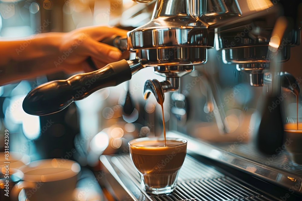 Poster a person pours steaming coffee into a cup, creating swirls of steam and the rich aroma of freshly br