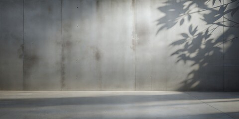 Fototapeta premium Concrete Wall Leaf Shadows: A neutral grey concrete wall and floor with delicate leaf shadows, ideal for an industrial-style product display. 