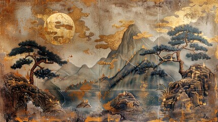 Japanese-style stucco molding on the wall, bonsai, mountains, sunset.
