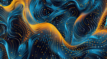 A background of swirling orange and blue waves with dots, representing the vastness of space.