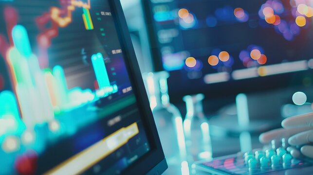 Pharma data analysis on dual monitors, close-up, vibrant graphs and data, focused ambient light