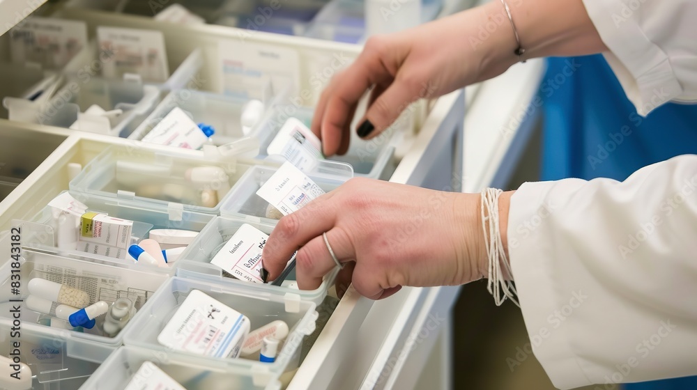 Sticker Pharmacist sorting medications into bins, close-up on hands, labels in focus, clean light