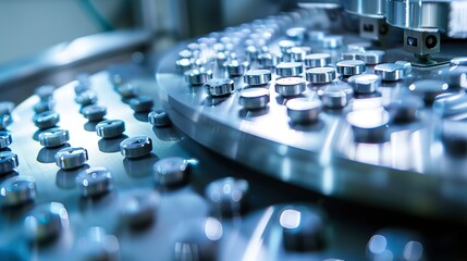 Detailed close-up of a tablet press machine, pharmaceutical production, sterile bright light 