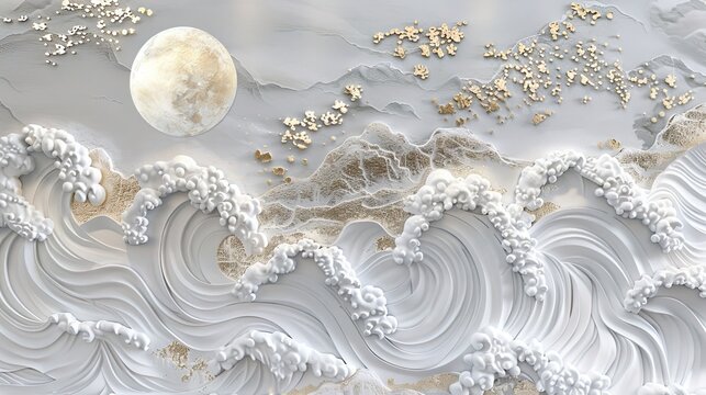 The great big wave of Kanagawa painting reproduction. Old Japanese artwork. Volumetric sea waves.