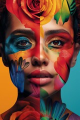 Obraz premium Vibrant Portrait of a Woman with Floral and Abstract Elements, Inclusive Beauty and Creativity 