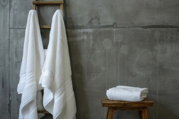 White towels in a vintage bathroom on a gray background.
