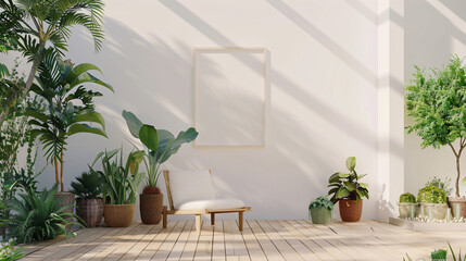 White Wall with Plants and Chair for Interior Design and Home Decor with copy space text for interior design and home decor websites