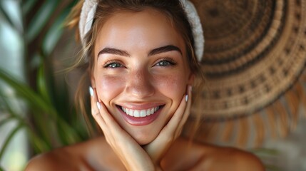 A beautiful woman smiling as she receives a rejuvenating facial treatment, with a focus on the natural ingredients and gentle techniques used to enhance her beauty and promote skin - Powered by Adobe