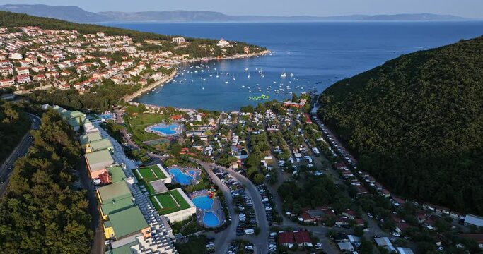 Aerial view overlooking the Rabac town and resort, sunset in Istria, Croatia