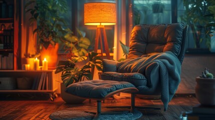 A cozy living room setting with a comfortable armchair, soft blanket, and warm lighting, inviting viewers to imagine themselves settling in for a relaxing evening of reading or wat