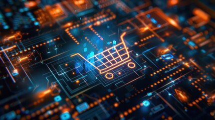 Obraz premium A dynamic CGI background featuring a glowing shopping cart icon surrounded by digital circuitry and futuristic elements.