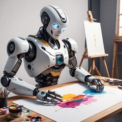 Fototapeta premium A photorealistic image of a robot painting a masterpiece